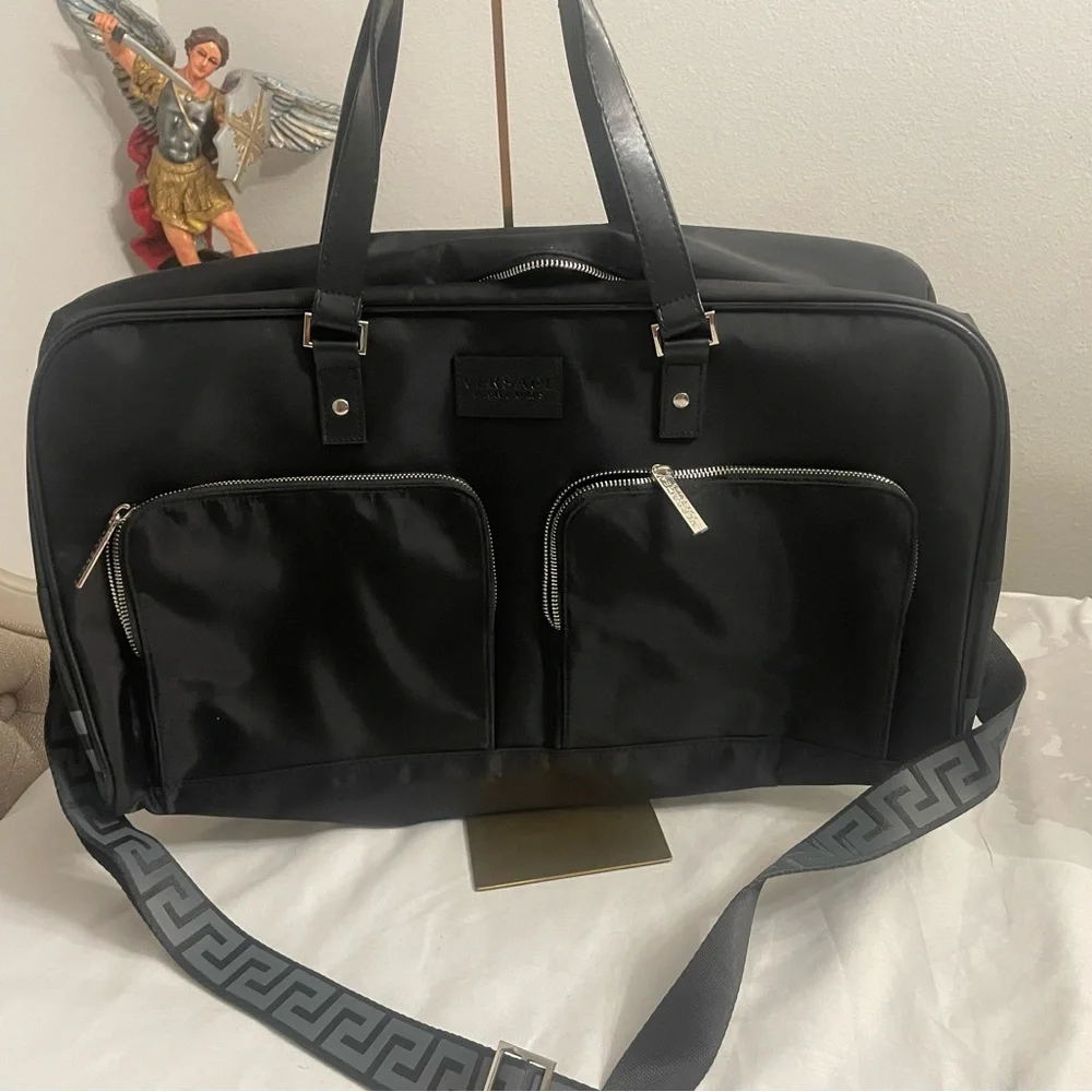 Versace Parfums Black Duffel Bag with Silver Accents NEW
